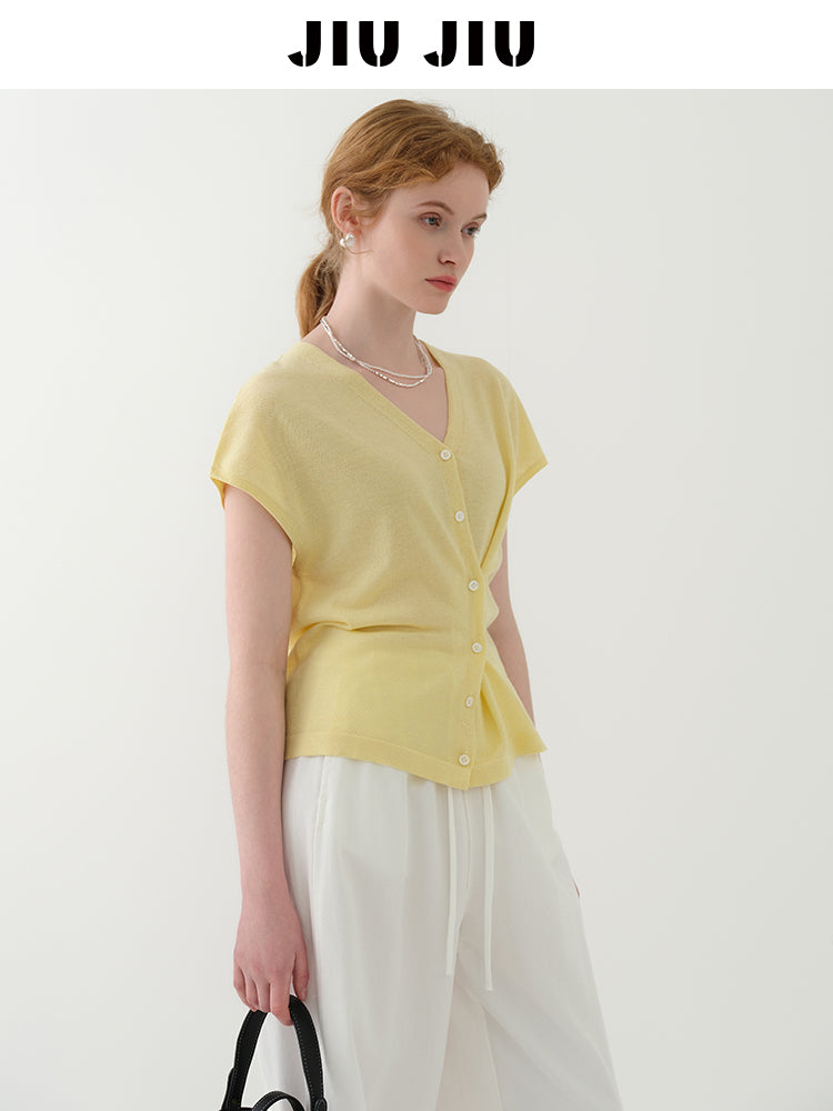 Dropped Shoulder Asymmetric Ruched Knit Top