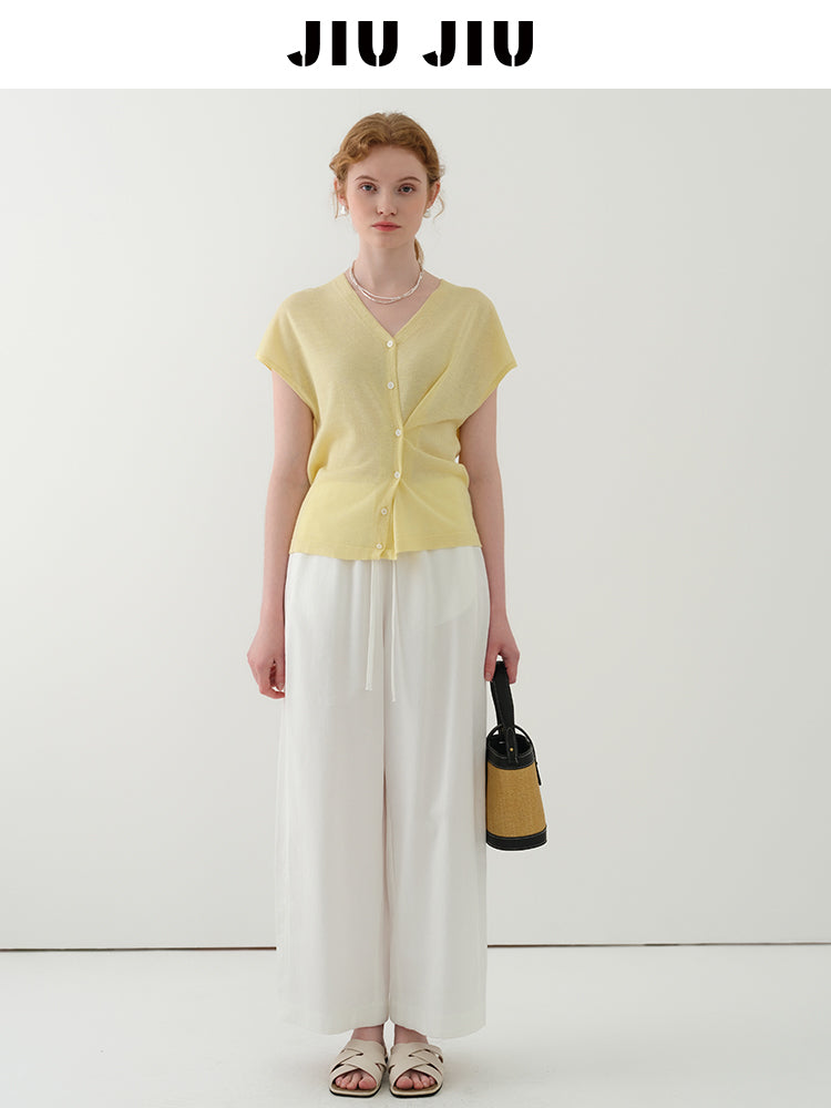 Dropped Shoulder Asymmetric Ruched Knit Top