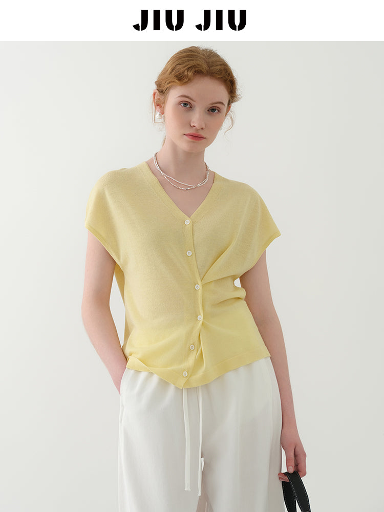 Dropped Shoulder Asymmetric Ruched Knit Top