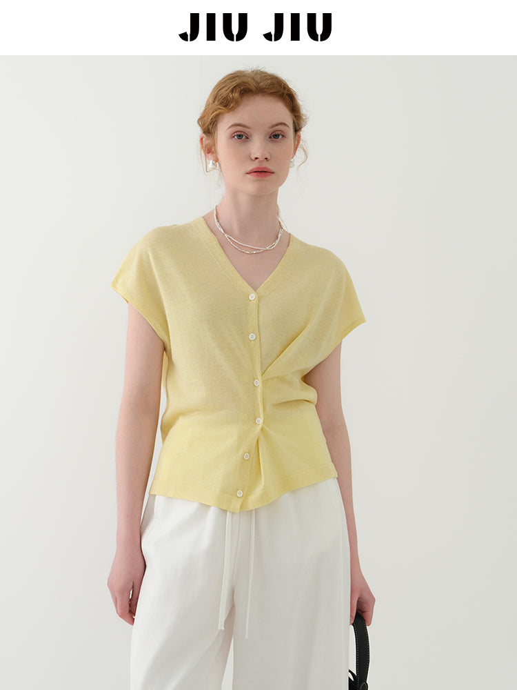 Dropped Shoulder Asymmetric Ruched Knit Top