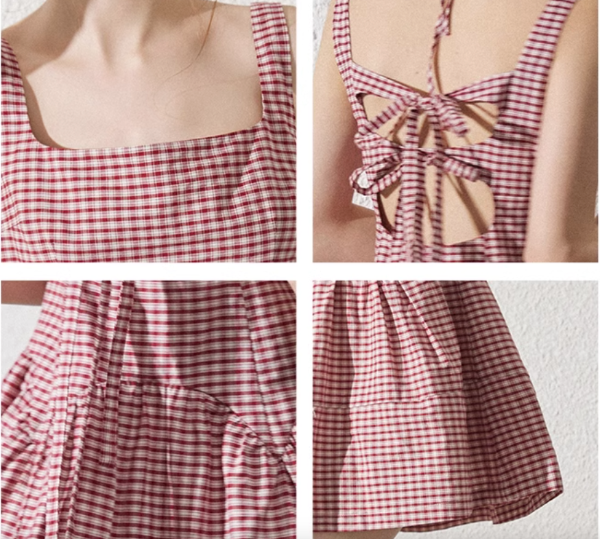 Sleeveless Back Tie Check Dress With Headscarf
