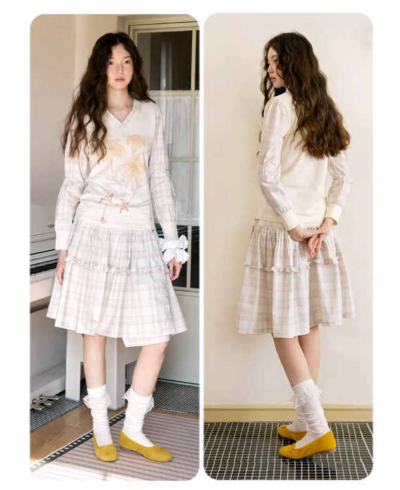 Floral Plaid V-Neck Shirt & Wrap Skirt