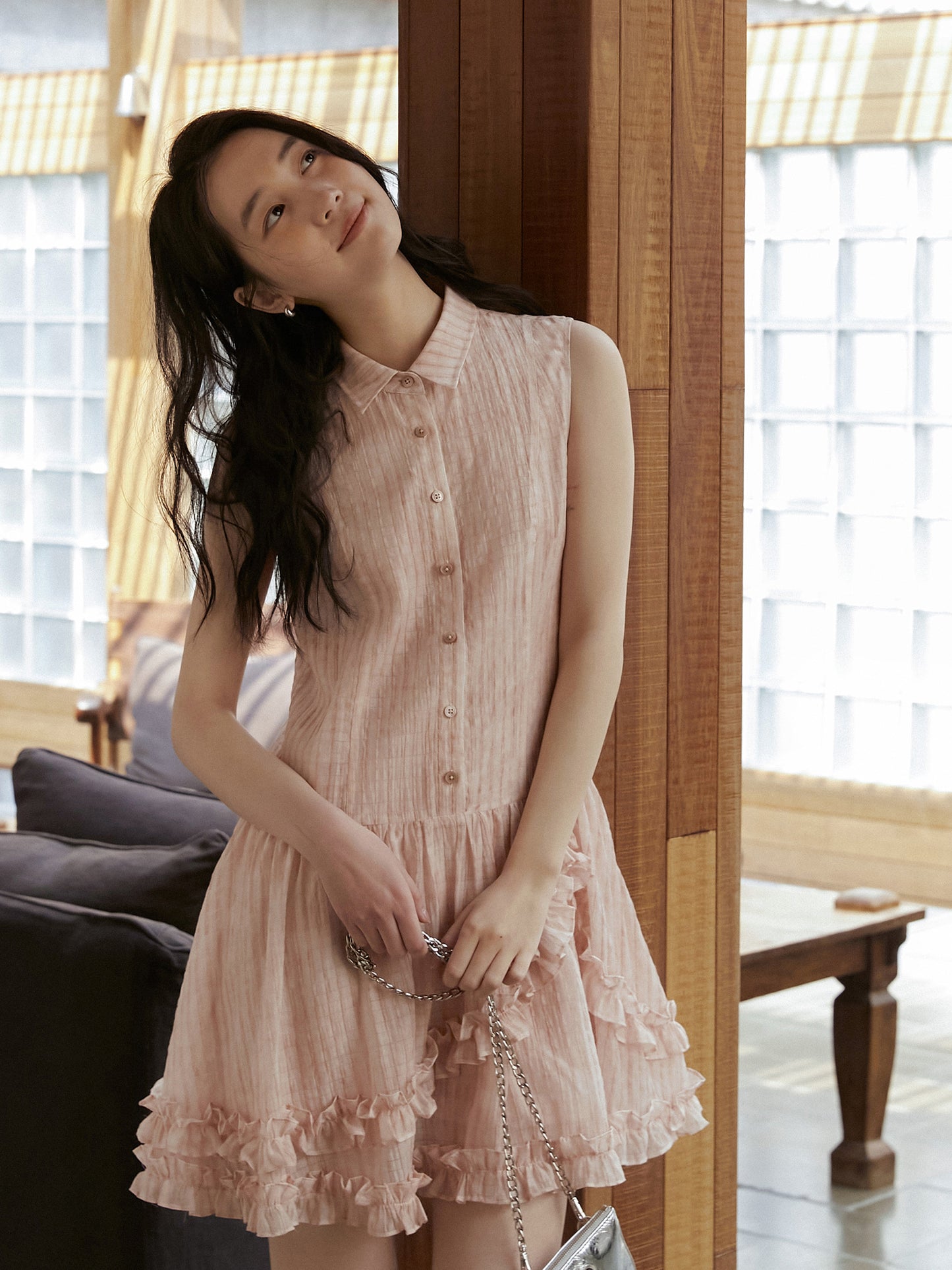 Ruffle Trimmed Gradient Sleeveless Shirt Dress