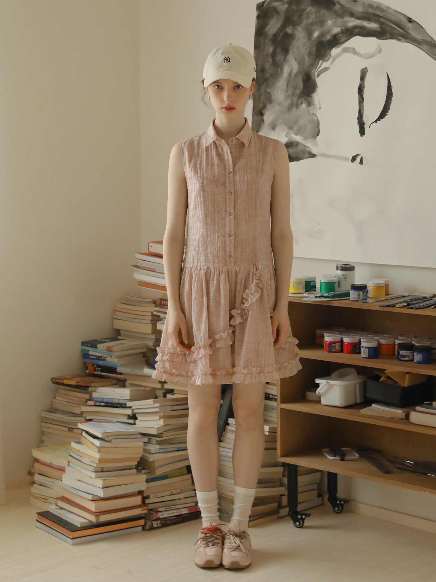 Ruffle Trimmed Gradient Sleeveless Shirt Dress