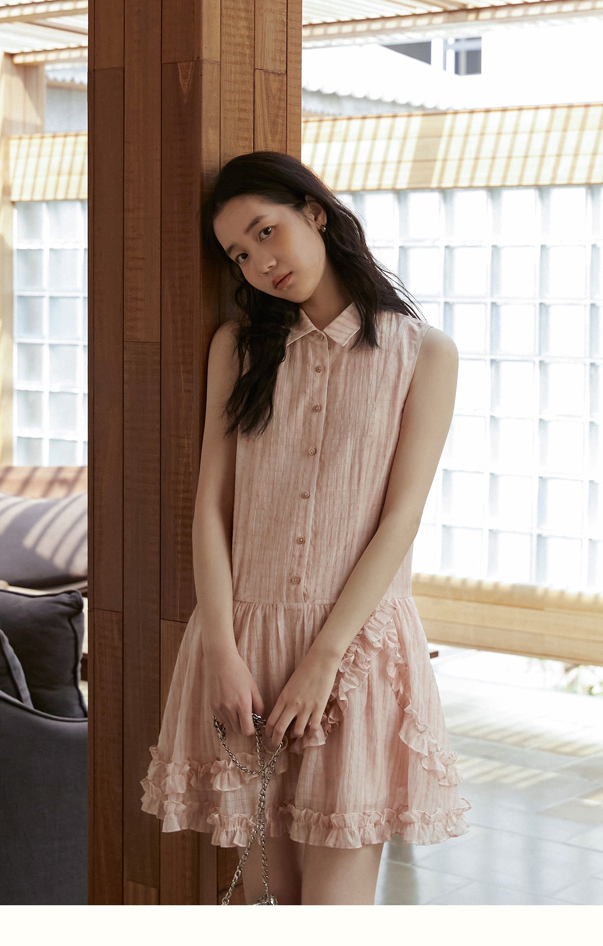 Ruffle Trimmed Gradient Sleeveless Shirt Dress