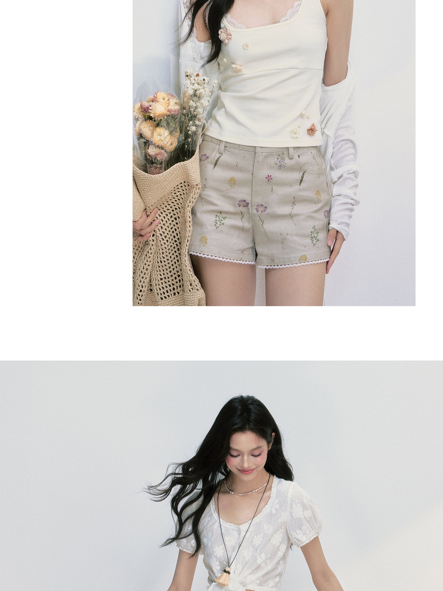 Floral Cotton Shorts With Lace Trim