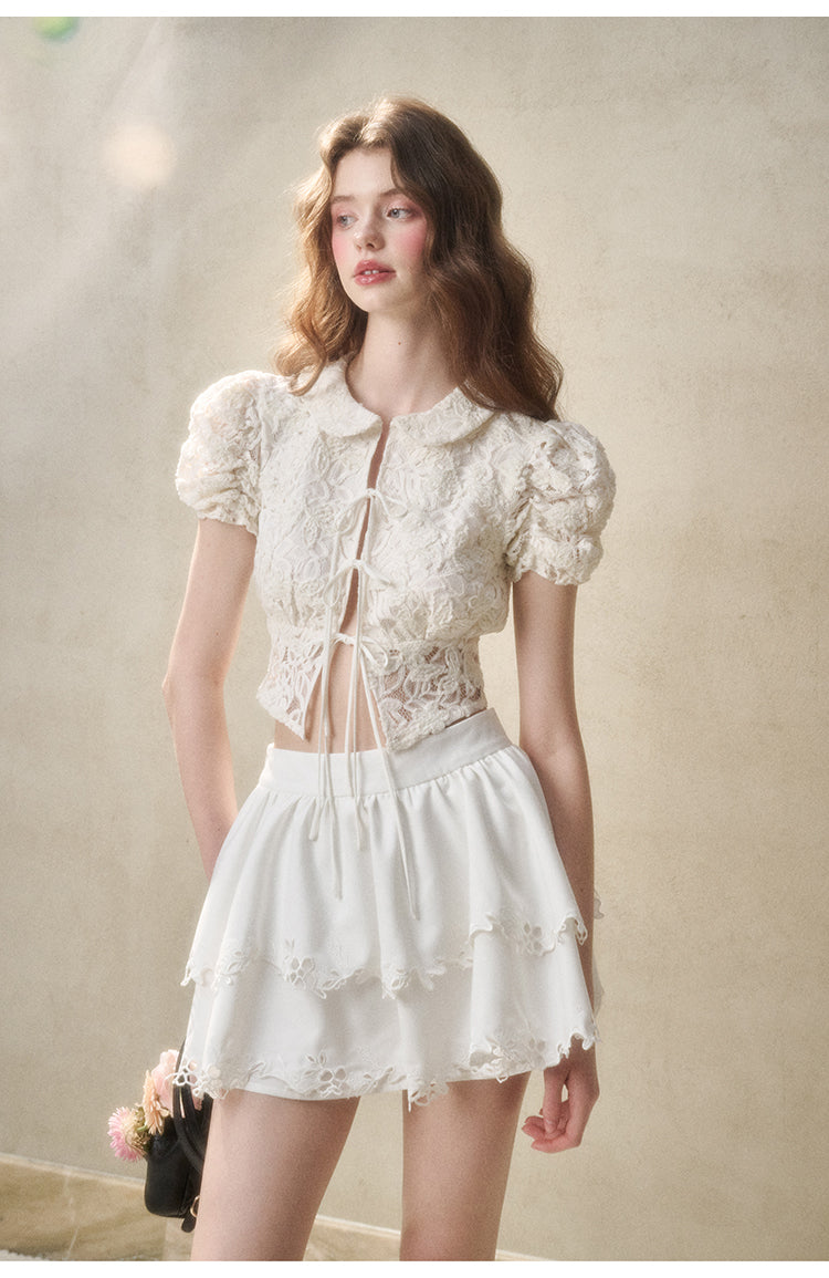 Puff Sleeve Tie Front Lace Peplum Blouse main image 0