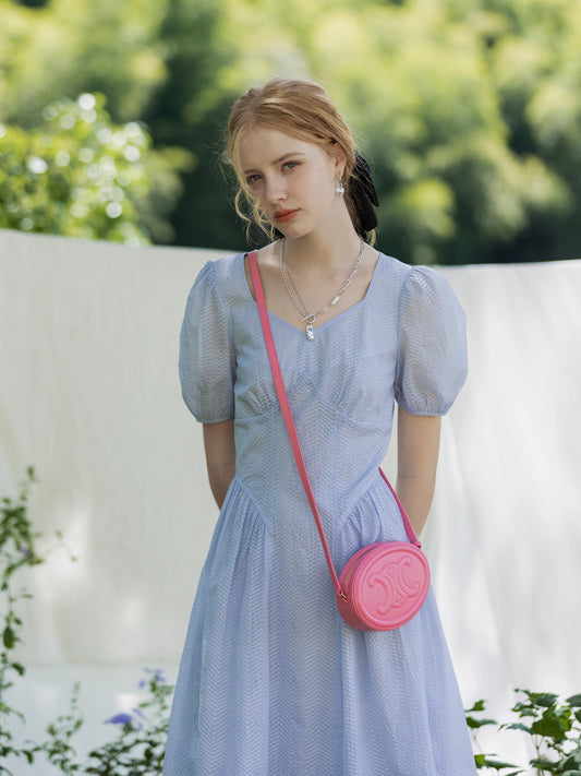 Chevron-Patterned Vintage-Style Puff-Sleeve Dress