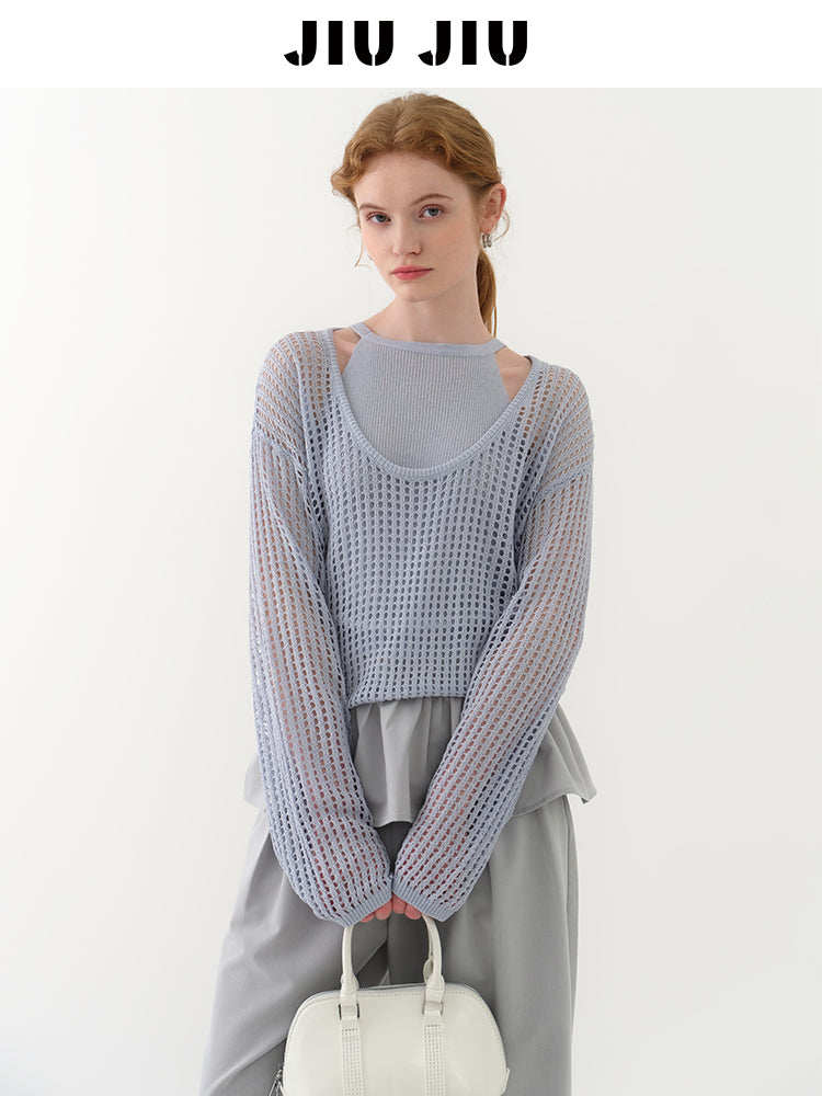 Mesh Knit Long Sleeve Top & Inner Set