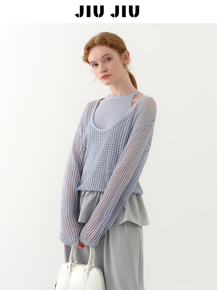 Mesh Knit Long Sleeve Top & Inner Set