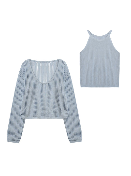 Mesh Knit Long Sleeve Top & Inner Set