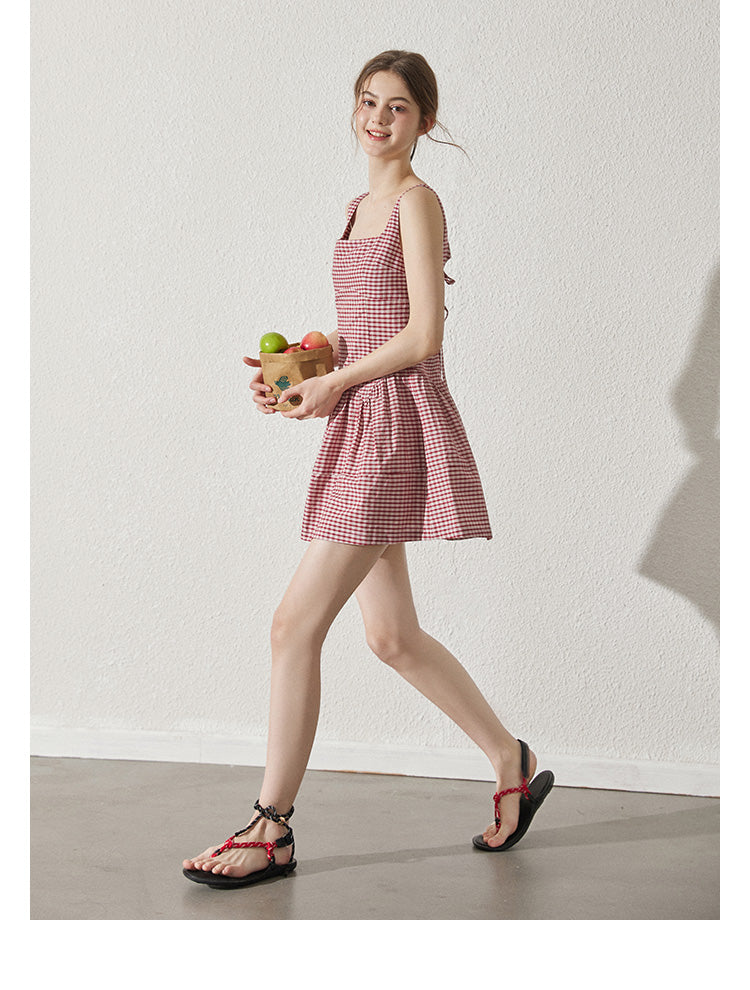 Sleeveless Back Tie Check Dress With Headscarf