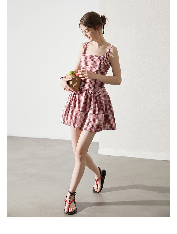 Sleeveless Back Tie Check Dress With Headscarf