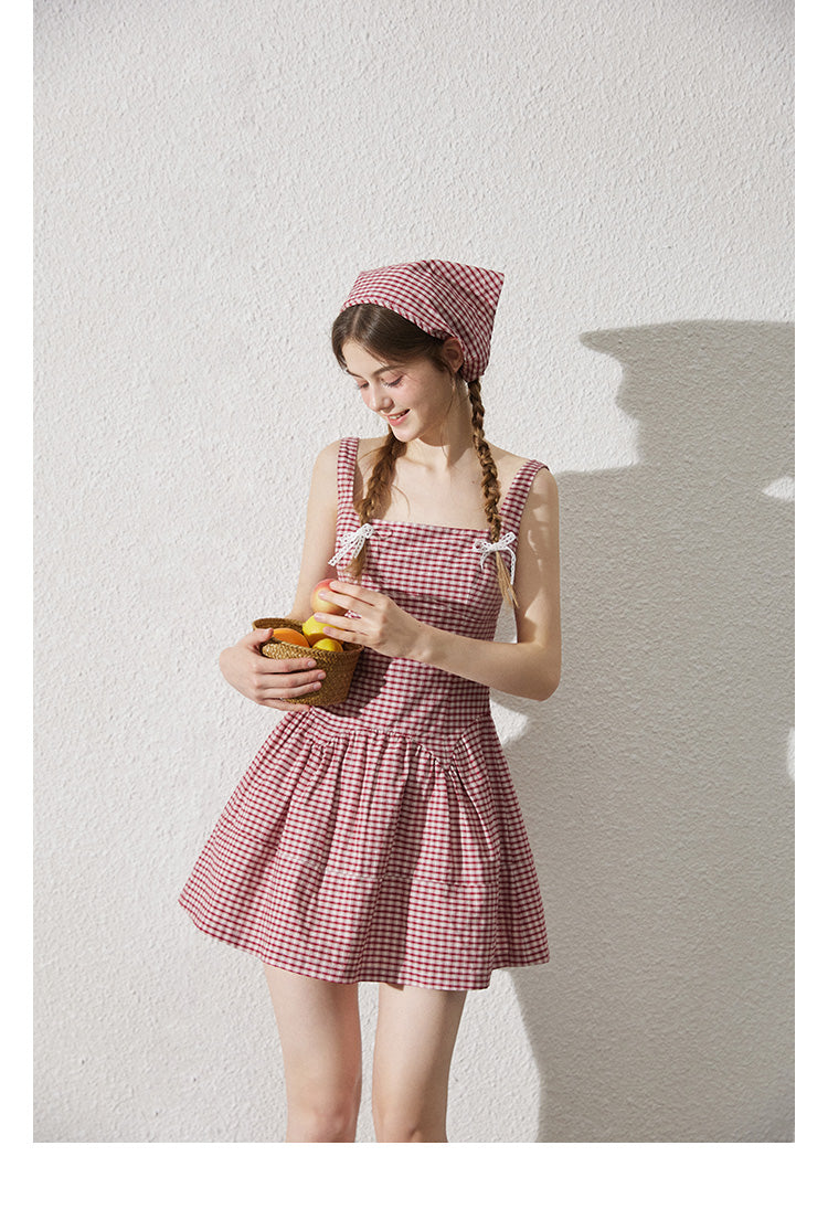 Sleeveless Back Tie Check Dress With Headscarf