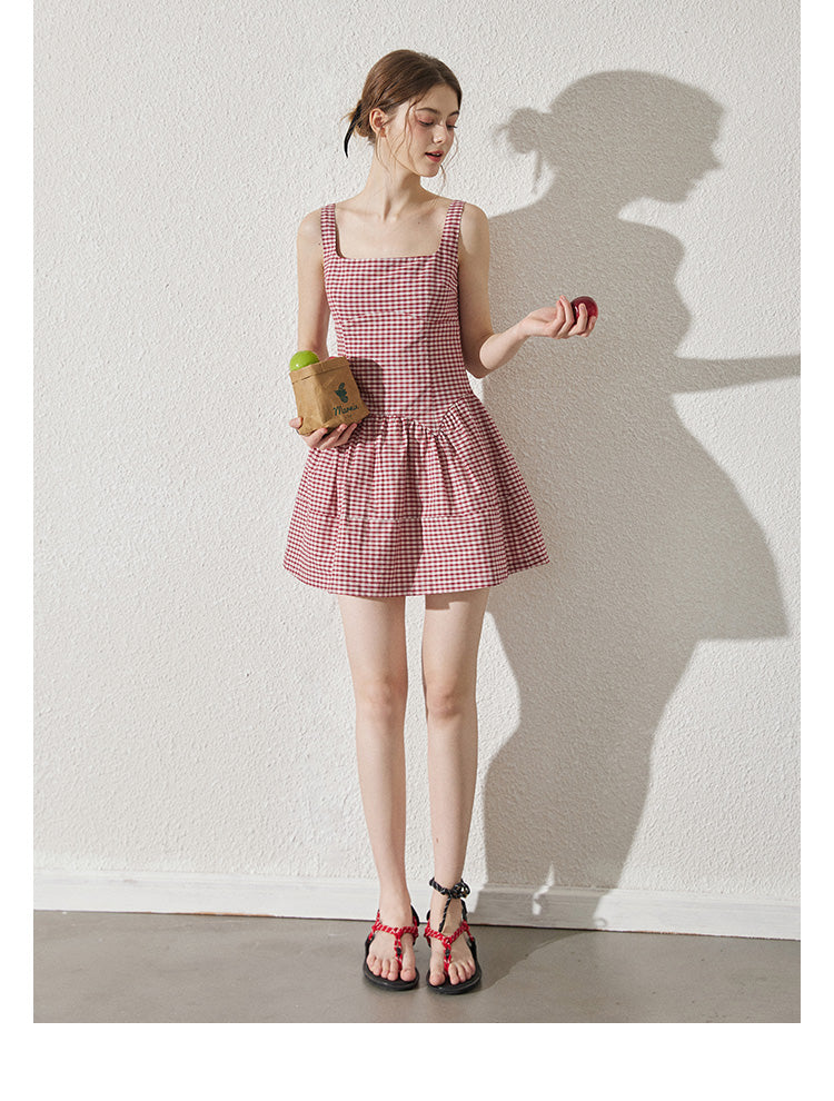 Sleeveless Back Tie Check Dress With Headscarf