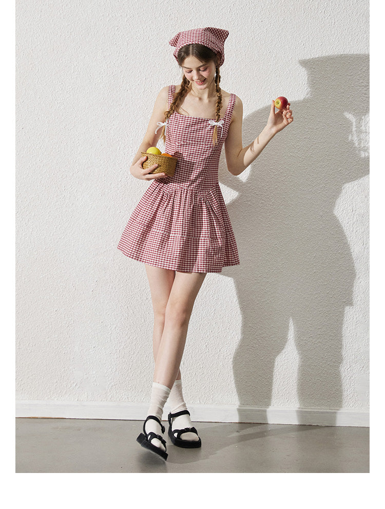 Sleeveless Back Tie Check Dress With Headscarf