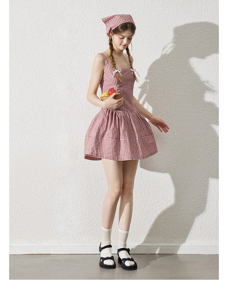 Sleeveless Back Tie Check Dress With Headscarf