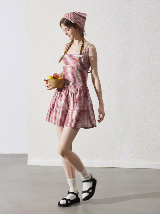 Sleeveless Back Tie Check Dress With Headscarf