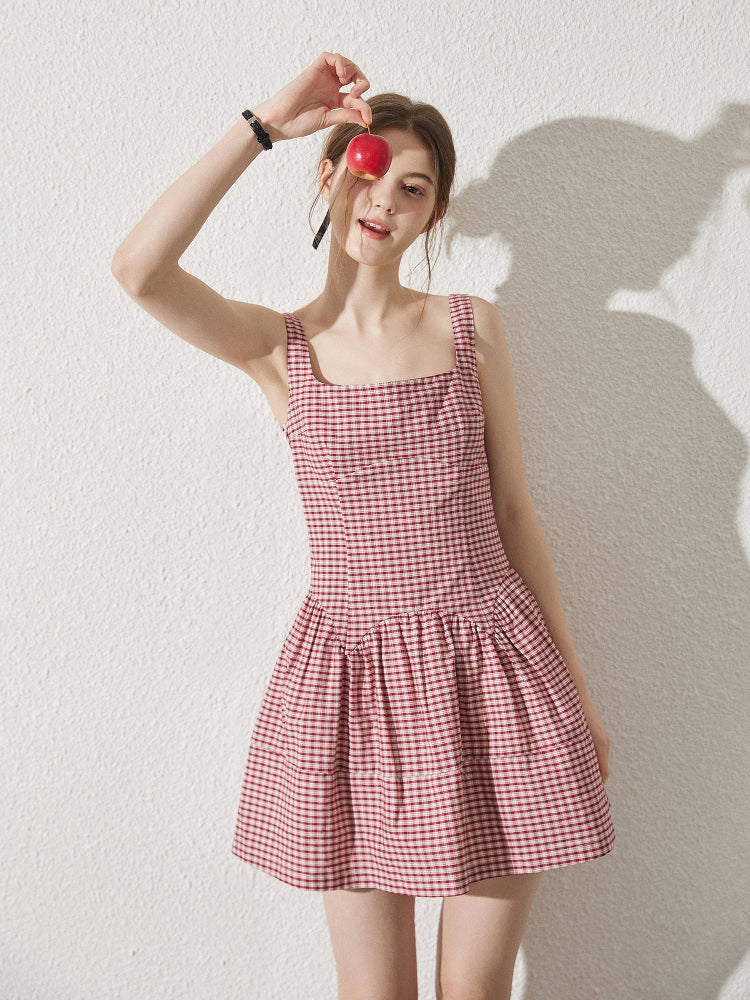 Sleeveless Back Tie Check Dress With Headscarf