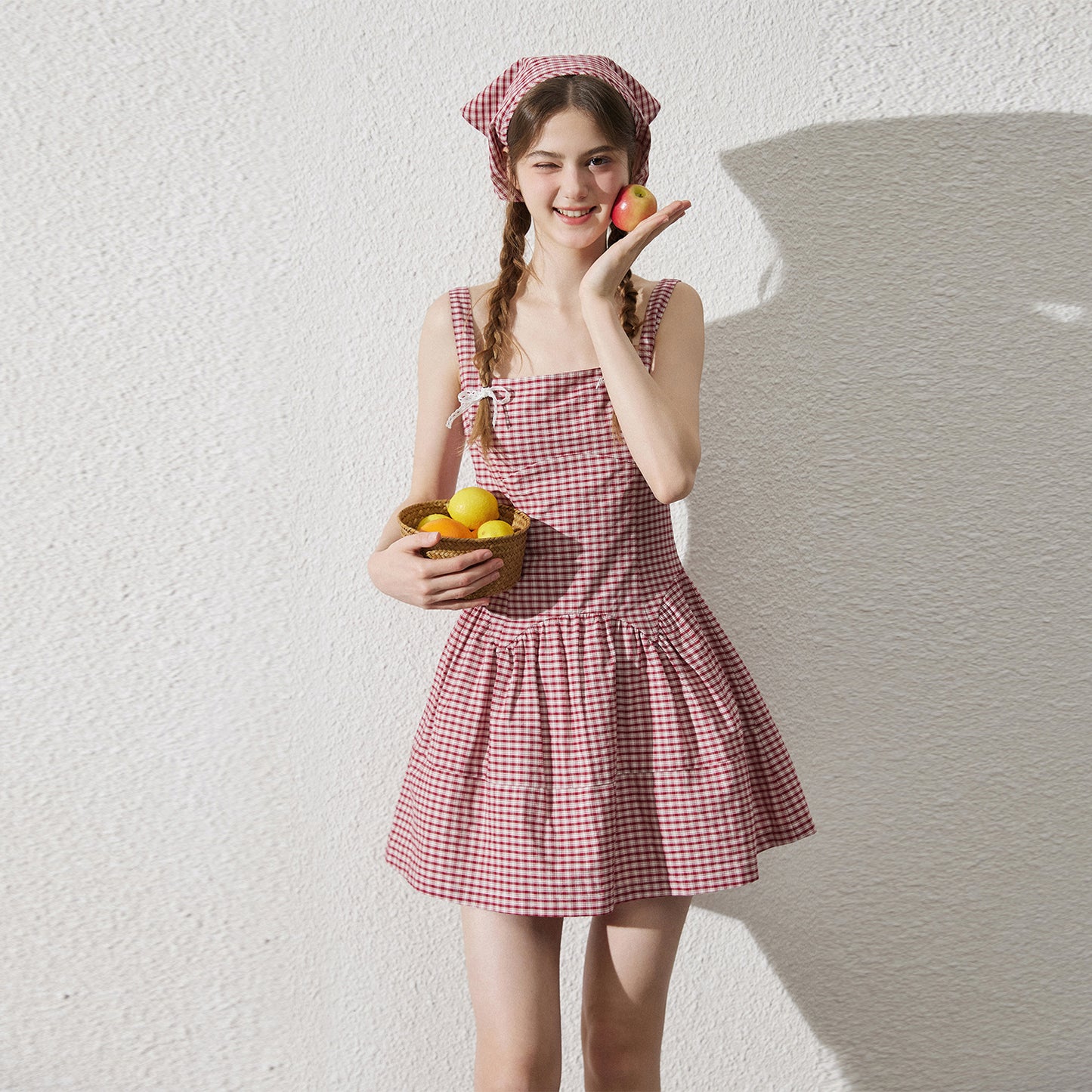 Sleeveless Back Tie Check Dress With Headscarf