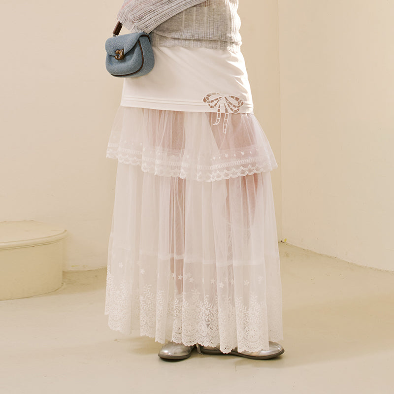 Sheer Lace Maxi Skirt With Bow Accent