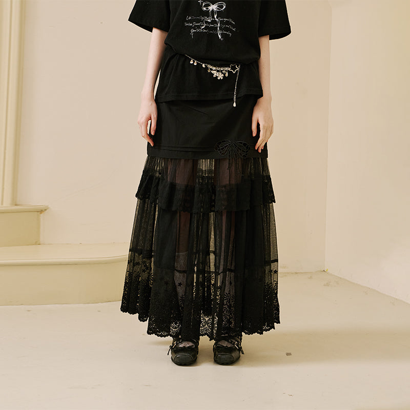 Sheer Lace Maxi Skirt With Bow Accent