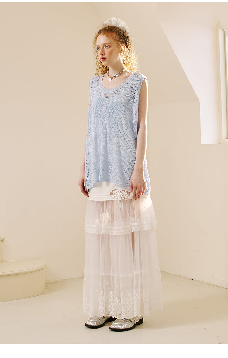 Sheer Lace Maxi Skirt With Bow Accent