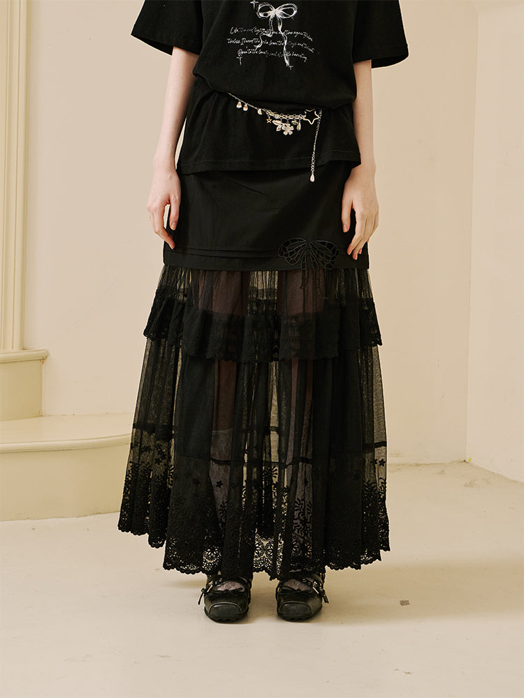 Sheer Lace Maxi Skirt With Bow Accent