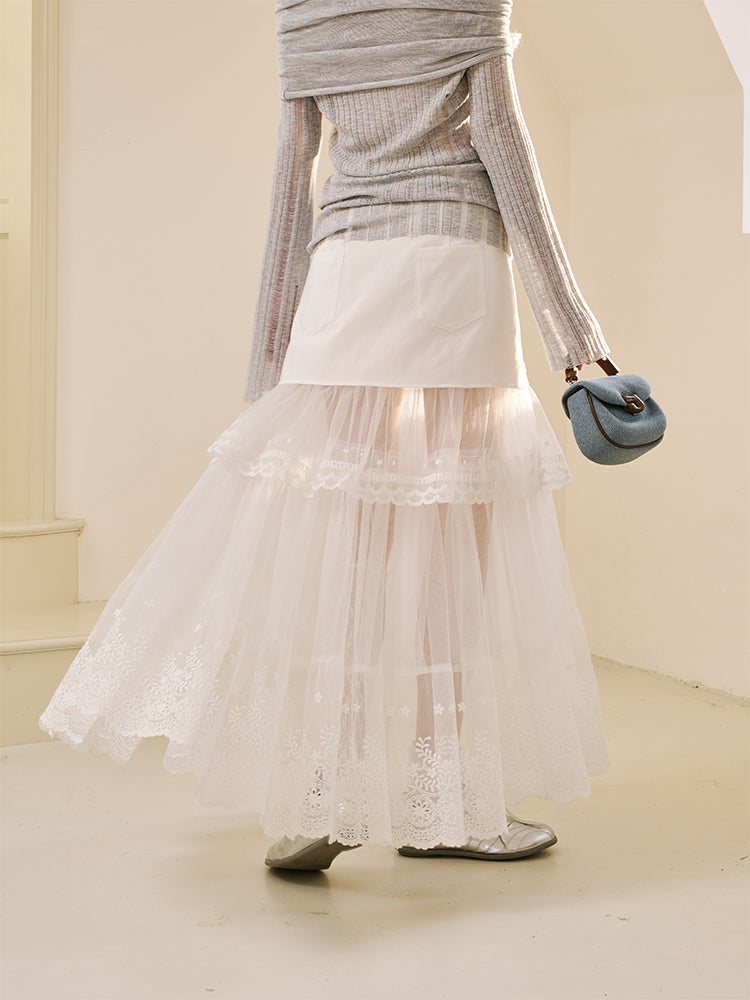 Sheer Lace Maxi Skirt With Bow Accent