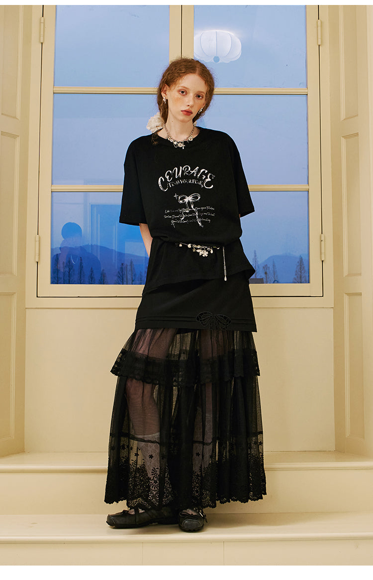 Sheer Lace Maxi Skirt With Bow Accent