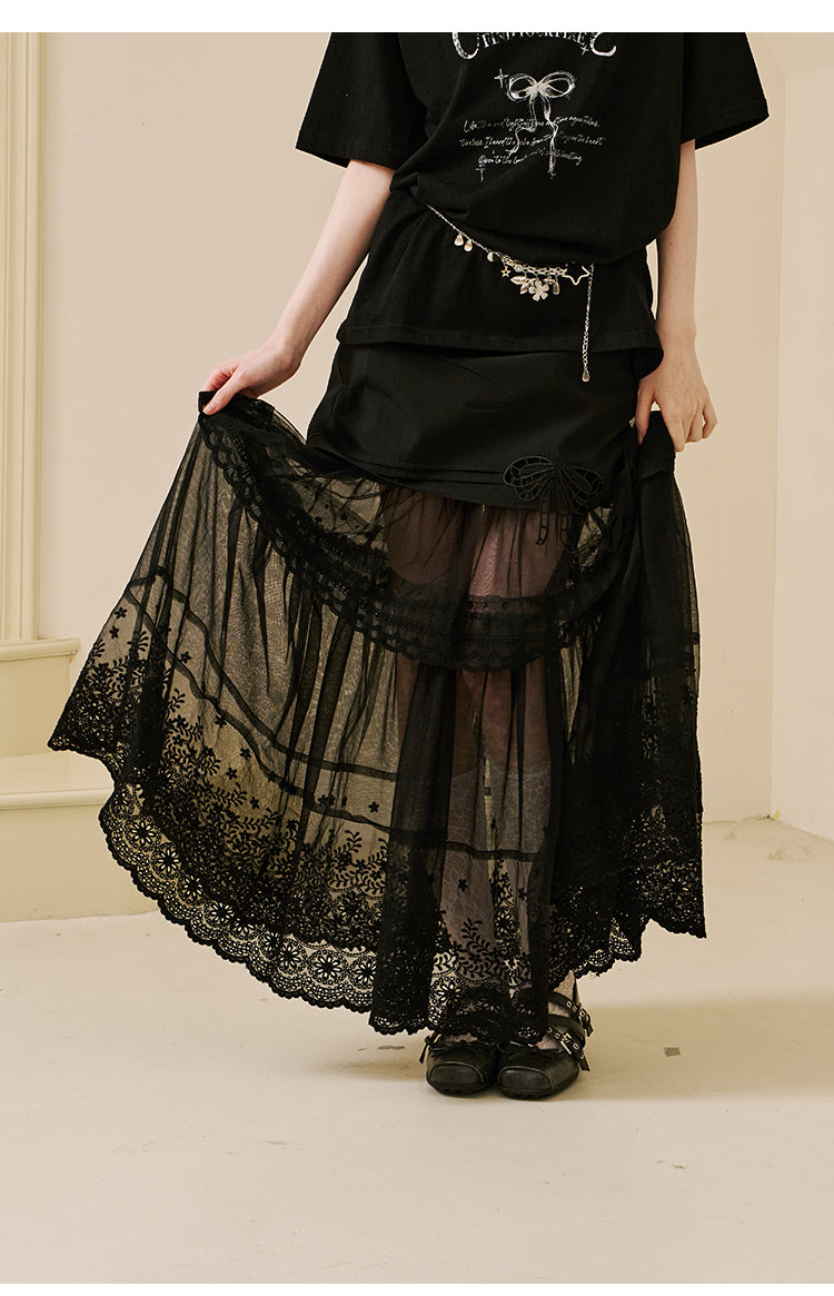 Sheer Lace Maxi Skirt With Bow Accent