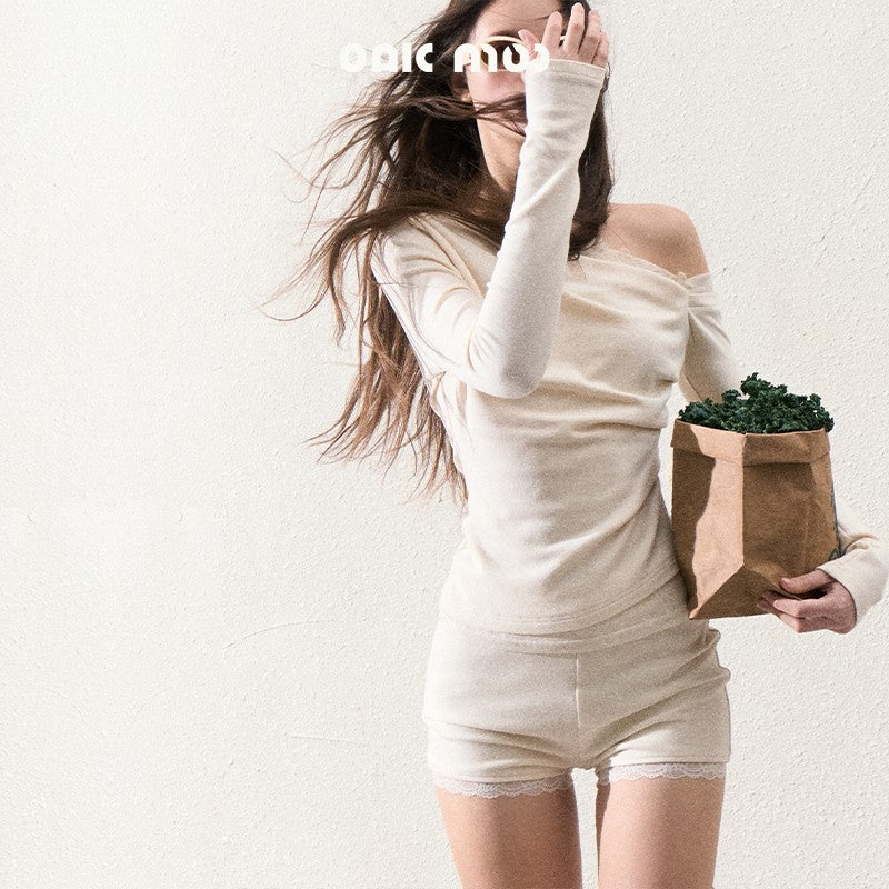 Draped Off-Shoulder Top, Skirt, And Shorts With Lace Detail