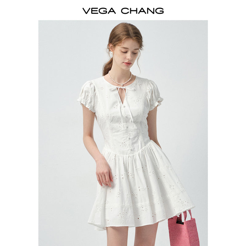 Eyelet Embroidered Cotton Puff-Sleeve Dress