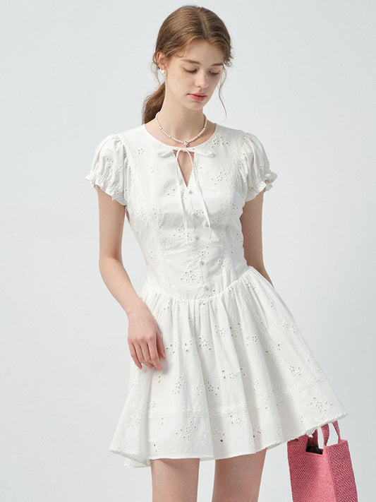 Eyelet Embroidered Cotton Puff-Sleeve Dress