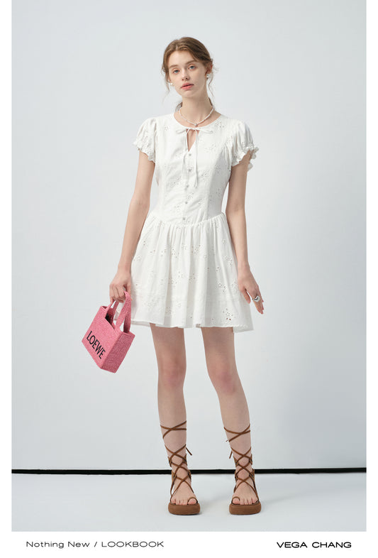 Eyelet Embroidered Cotton Puff-Sleeve Dress