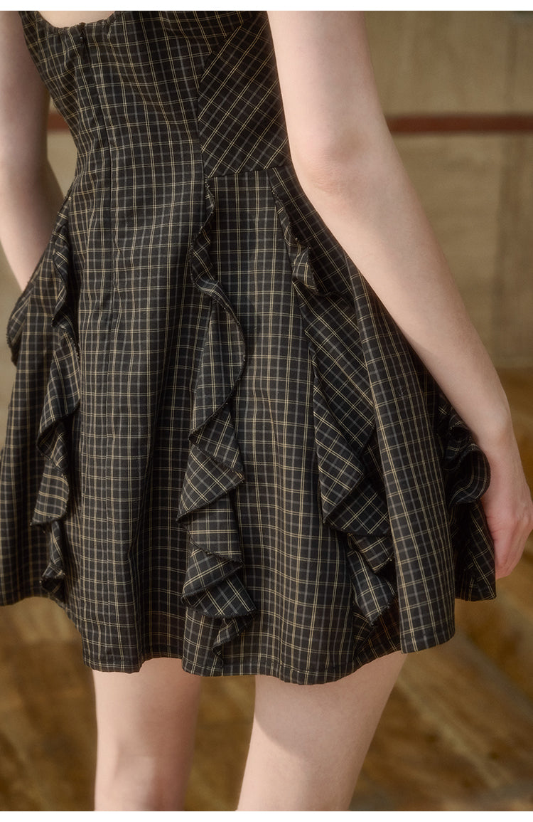 Ruffled Check Cotton Dress With Tie Straps