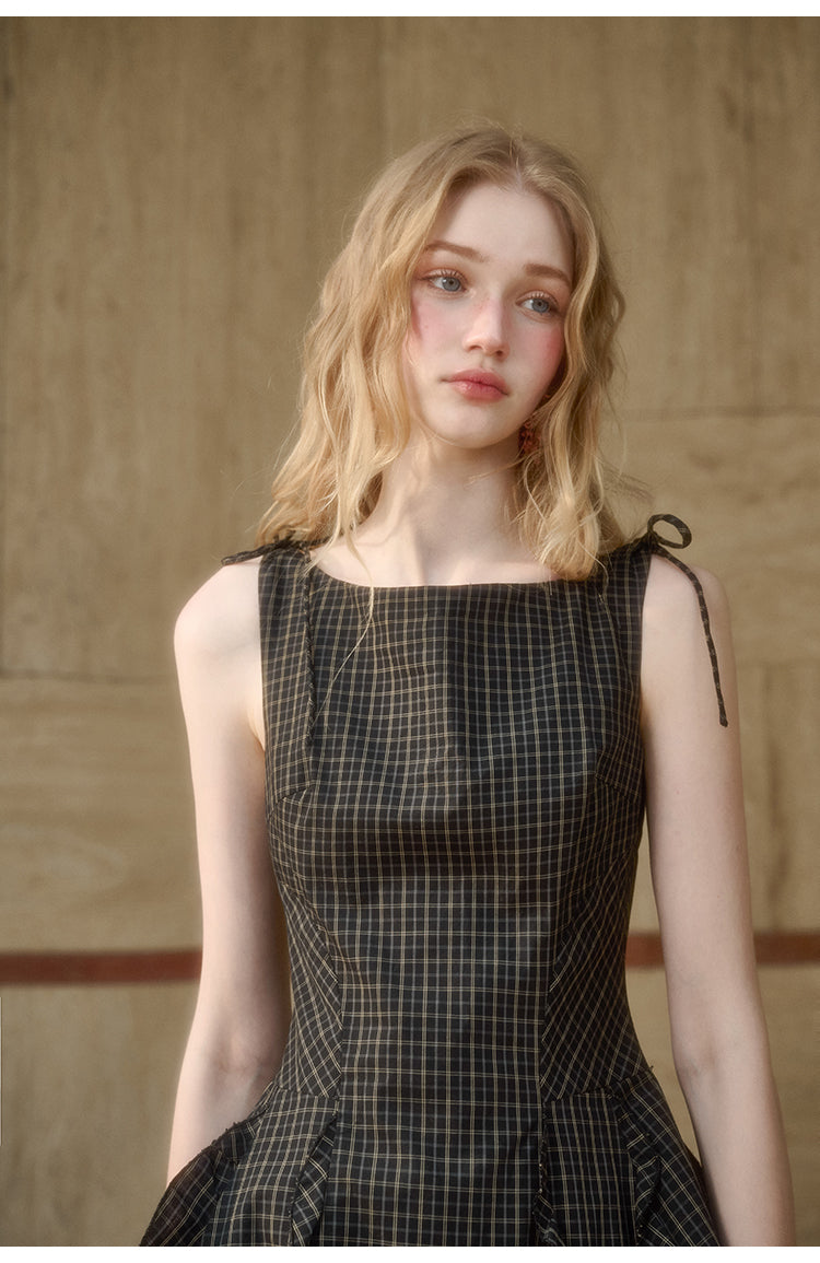 Ruffled Check Cotton Dress With Tie Straps