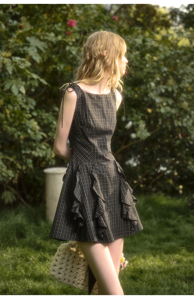 Ruffled Check Cotton Dress With Tie Straps