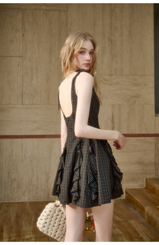 Ruffled Check Cotton Dress With Tie Straps