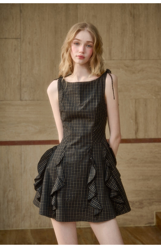Ruffled Check Cotton Dress With Tie Straps