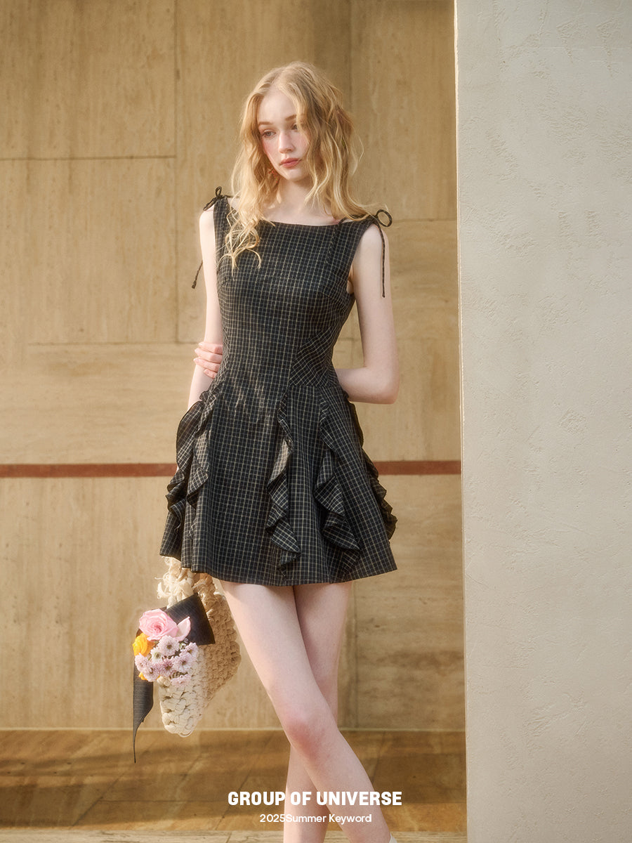 Ruffled Check Cotton Dress With Tie Straps
