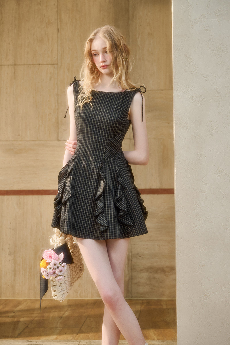 Ruffled Check Cotton Dress With Tie Straps