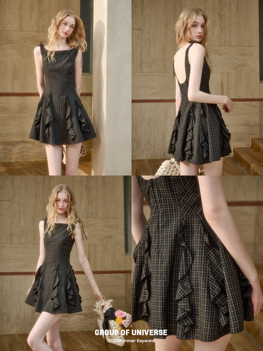 Ruffled Check Cotton Dress With Tie Straps