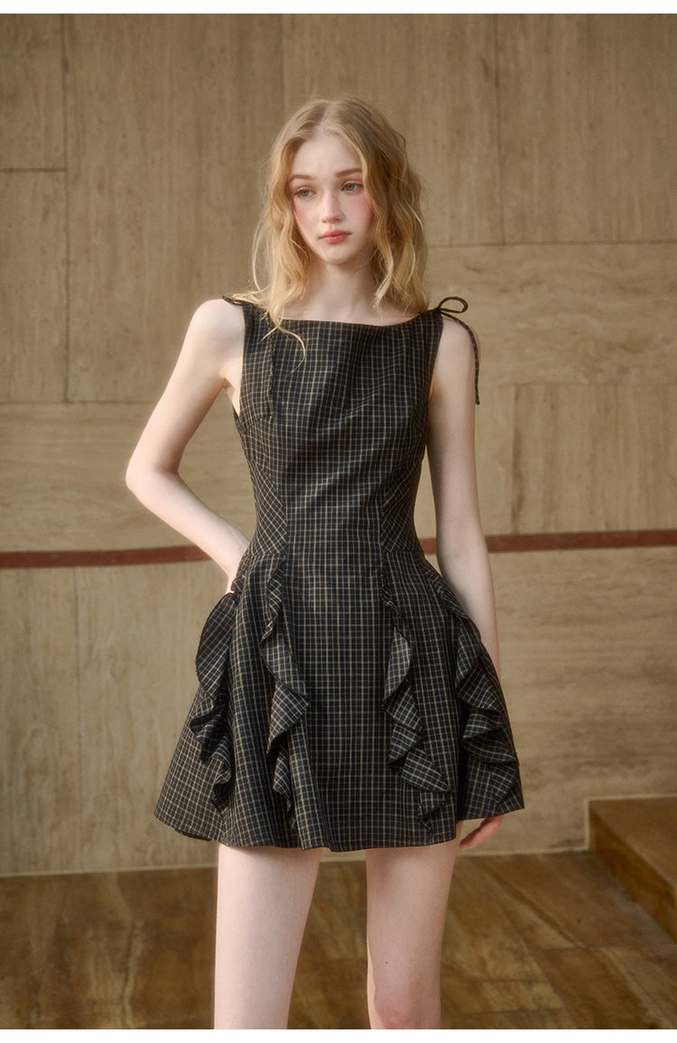 Ruffled Check Cotton Dress With Tie Straps