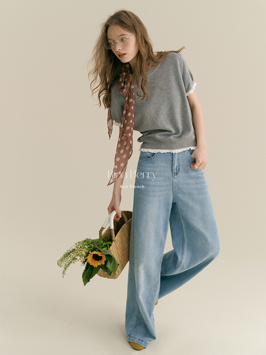 Round Neck Cotton Sweater With Lace Trim