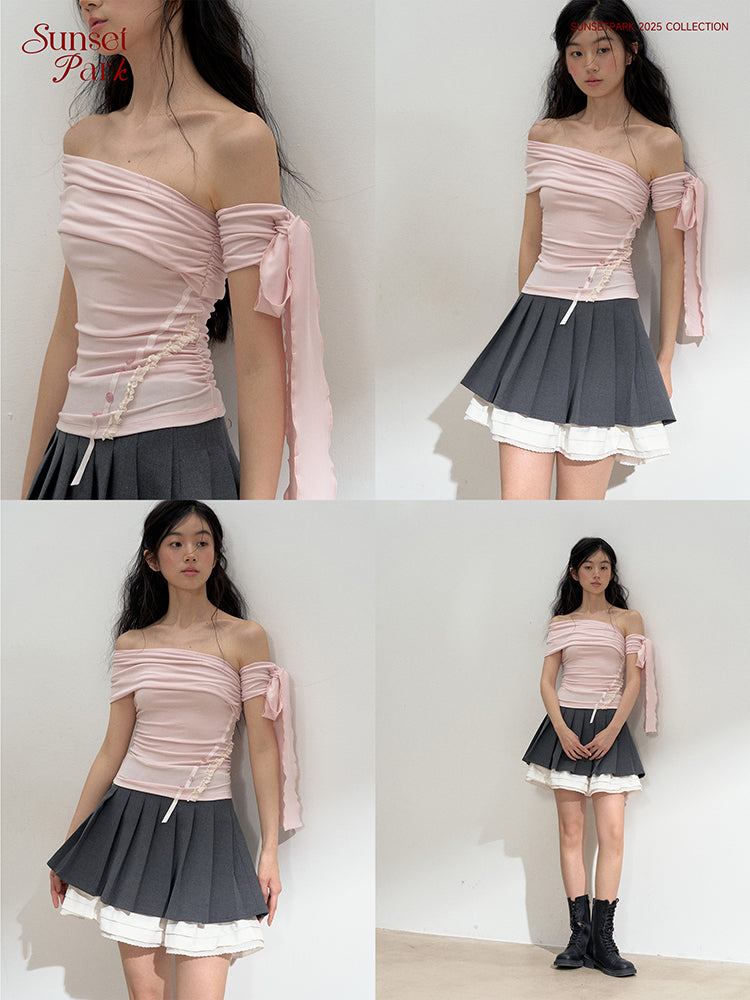 Ruched Off-Shoulder Top With Tie Detail