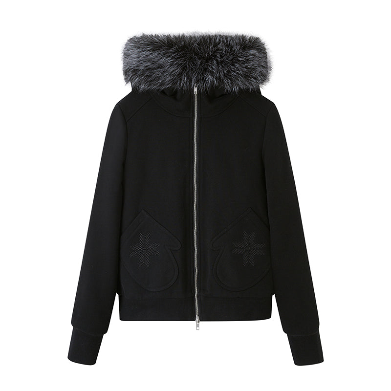 Mitten Pocket Hoodie With Removable Fur / Flared Pants