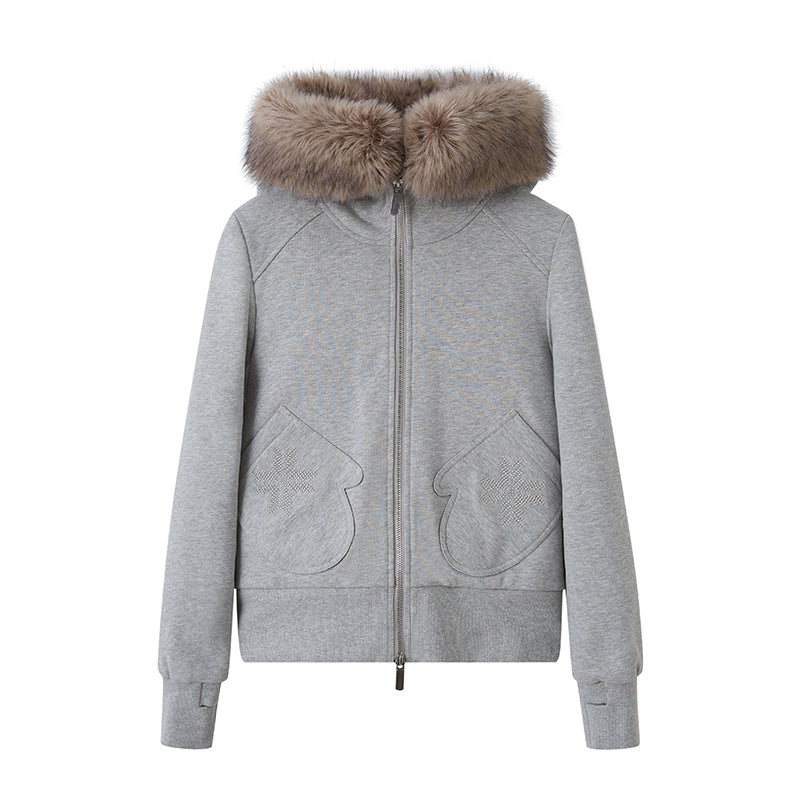 Mitten Pocket Hoodie With Removable Fur / Flared Pants