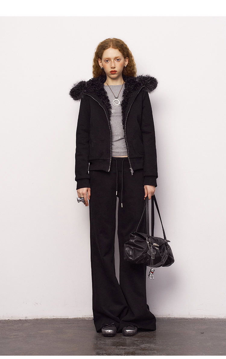 Mitten Pocket Hoodie With Removable Fur / Flared Pants