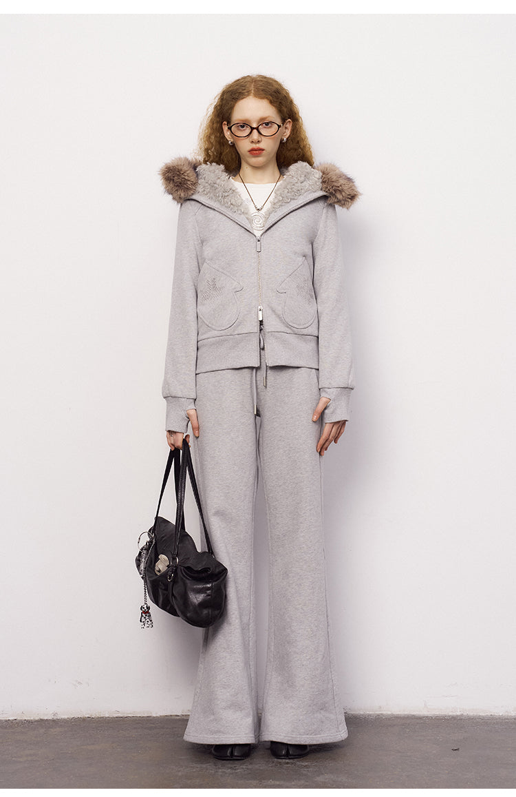 Mitten Pocket Hoodie With Removable Fur / Flared Pants